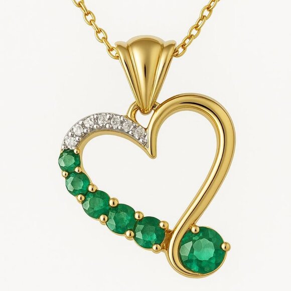 Art Deco Heart Emerald & Diamond Pendant, 14k Gold - Picture 1 of 6